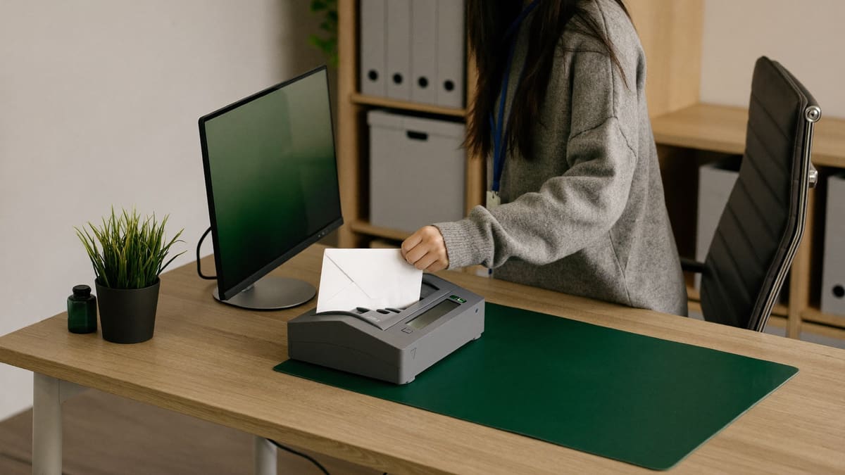 Eine Person legt einen Brief in ein kompaktes Gerät auf einer grünen Schreibtischunterlage, daneben ein Monitor und Ordner im Regal.