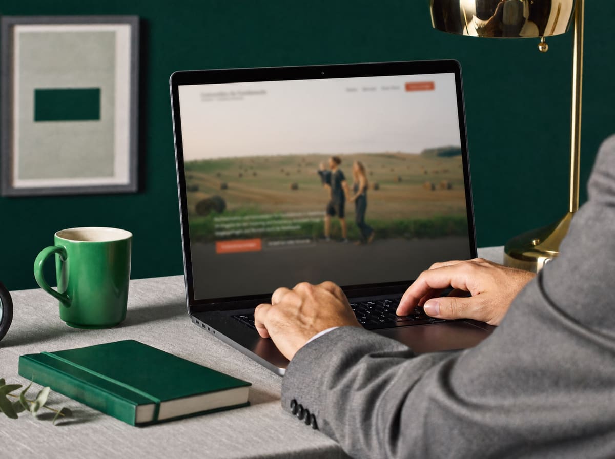 Hände tippen auf einem Laptop mit einer unscharfen Website, daneben eine grüne Tasse und ein Notizbuch vor dunkelgrüner Wand.