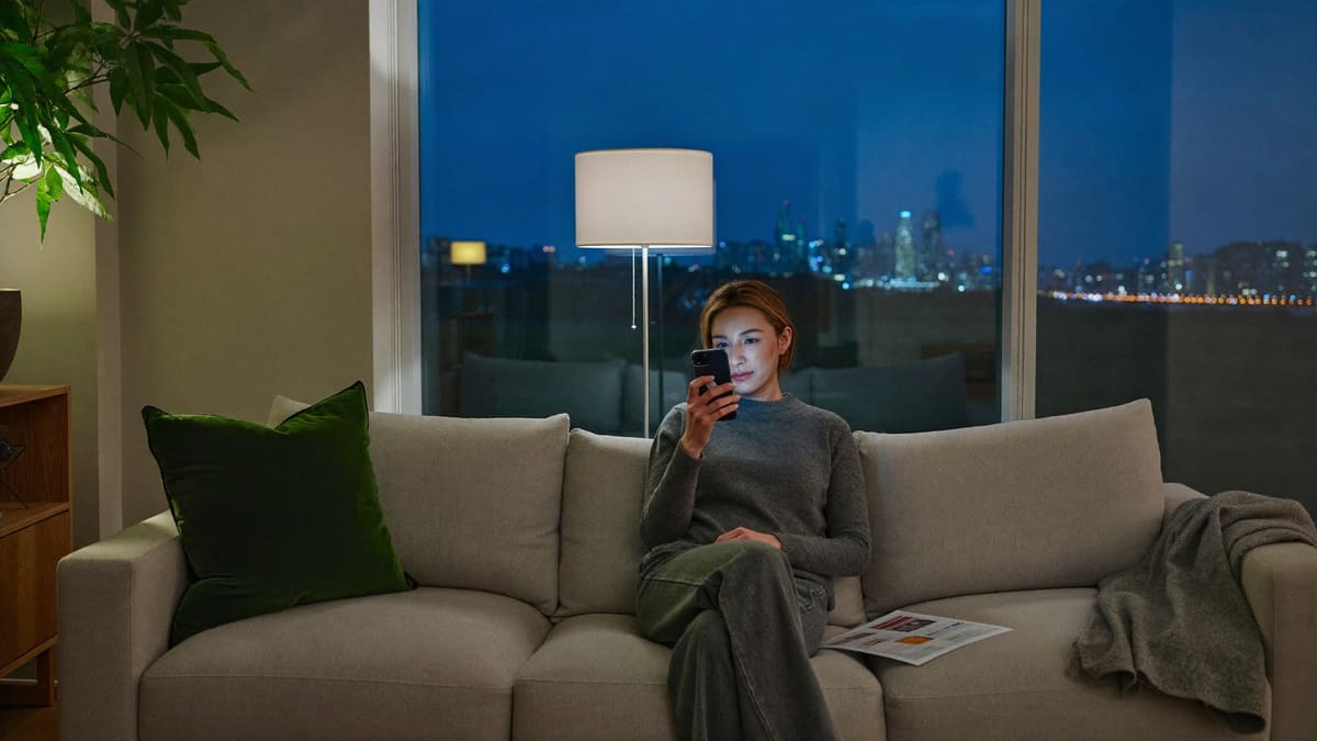 Eine Frau sitzt abends auf einem hellen Sofa und blickt auf ihr Smartphone, hinter ihr ein großes Fenster mit Blick auf die Lichter einer Stadt.
